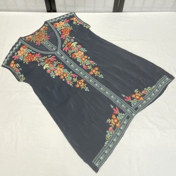 Johnny Was Cap Sleeve V Neck Embroidered Sheer Heidi Tunic Kaftan Blue Grey S - Picture 10 of 13